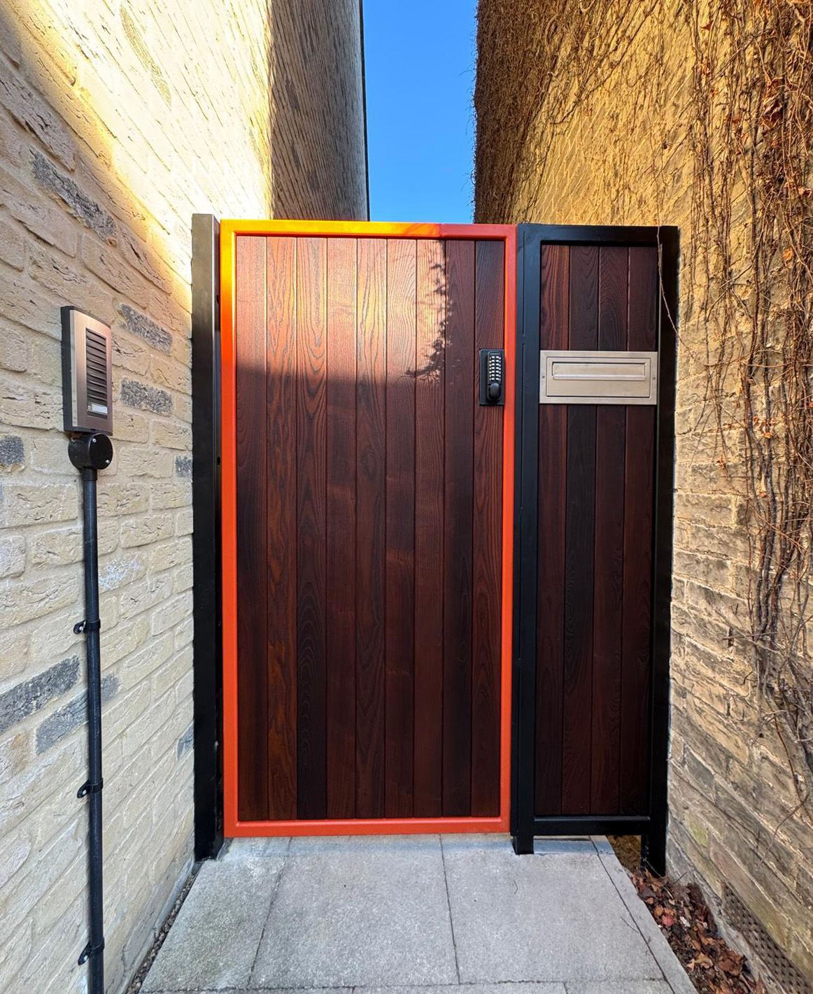 Red Metal Framed Wooden Tall Side Gate with Letter Box