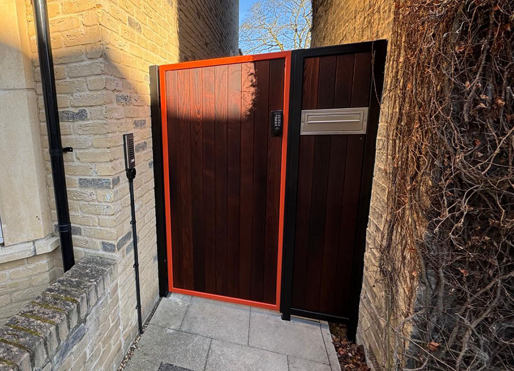 Red Metal Framed Wooden Tall Side Gate